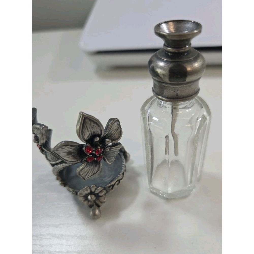 Vintage Styled Glass Perfume Bottle Pewter Metal Stand Floral Design Red Stones